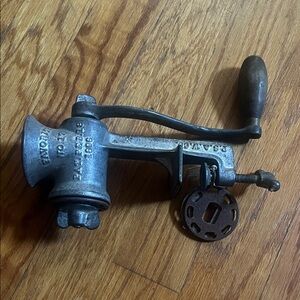 Vintage Meat Grinder Attachment - Silver Metal with Wood Handle